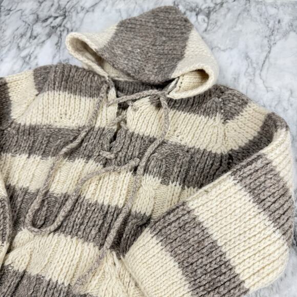 Vintage Thick Hand Cable Knit Striped Hooded Wool Sweater Boys Small Classic - Picture 2 of 7